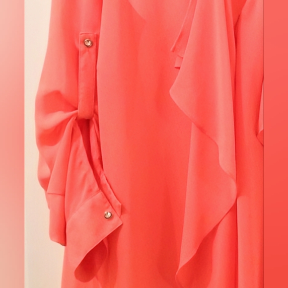 Jennifer Lopez, NWT, Hot Coral, Semi-Sheer, Ruffle Front Blouse, Size XS - Picture 7 of 13